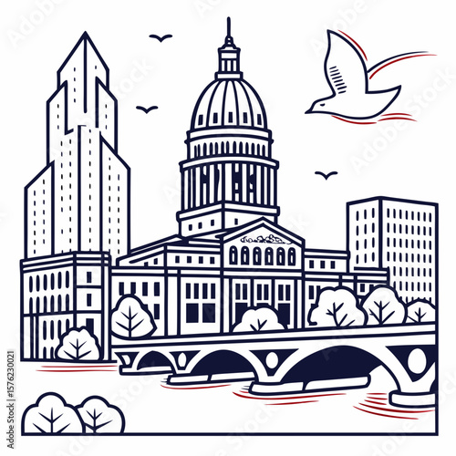 Minimalist Black and White Line Art Illustration of a City Skyline Featuring iconic landmarks including a domed capitol building and modern