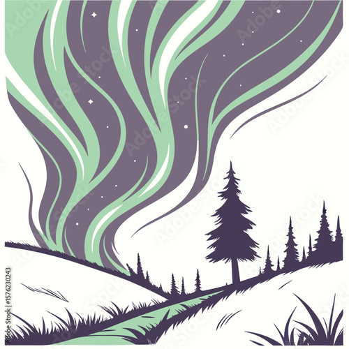 Serene winter landscape with swirling northern lights illuminating snow-covered pine forest at night with starry sky and tranquil ambiance