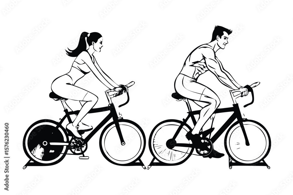 Obraz premium Man and Woman in Spin Class in Pop Art Comic Style. Retro Vector Illustration of Indoor Cycling