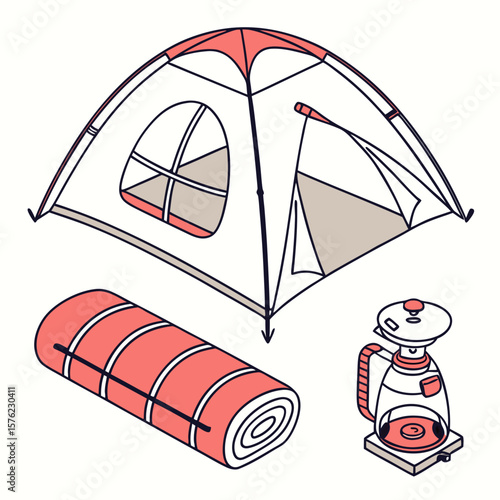 Detailed illustration of camping gear setup including a domed tent, rolled sleeping pad, and portable camping stove featuring a compact design for