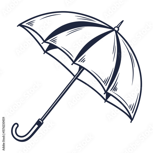 Minimalist black and white illustration of an open umbrella with curved handle and detailed rib pattern showcasing shelter and protection concept