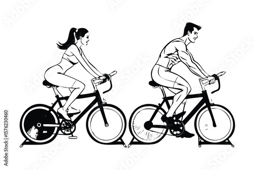 Man and Woman in Spin Class in Pop Art Comic Style. Retro Vector Illustration of Indoor Cycling