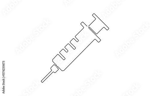One continuous line drawing of medicine set with syringe and vial, Pharmaceutical, One continuous line drawing of medicine set with syringe and vial. Pharmaceutical components.