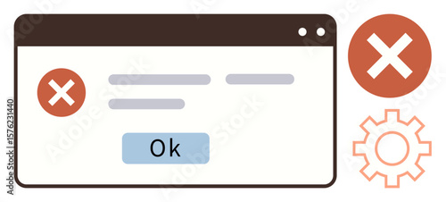 Error notification window with message, cancel signs, and settings gear. Ideal for alerts, UI reminders, troubleshooting, user interfaces, system errors, digital communication simple flat metaphor