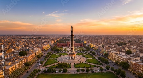 Aerial view of Minar-e-Pakistan amidst a beautiful cityscape at sunset, Lahore, Punjab, Pakistan.
