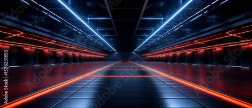 Panoramic view of futuristic garage or warehouse, spacious room interior with modern neon lighting.