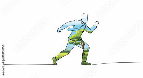 A drawing of a business man running with the nature