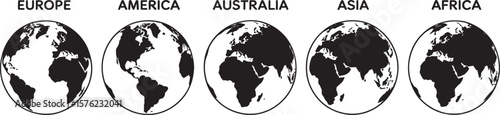 Labeled Globe Icons Showing Continents – Black and White Earth Vector Set