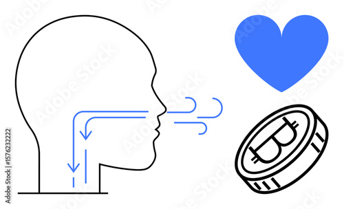 Profile of a human head illustrating airflow, blue heart symbolizing emotions, and a Bitcoin coin highlighting digital economy. Ideal for health, inspiration, finance, technology, well-being