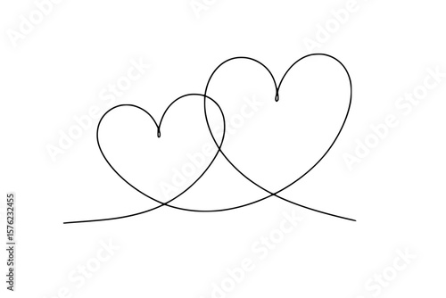 Two intertwined hearts one line art design isolated on white