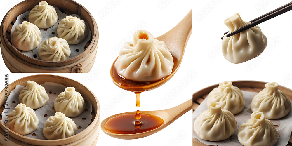 Fototapeta premium Delicious steamed dumplings with soy sauce and chopsticks