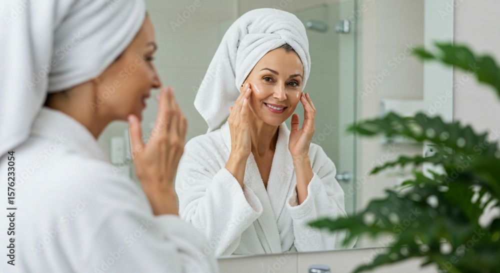 Obraz premium Woman applying facial product in bathroom