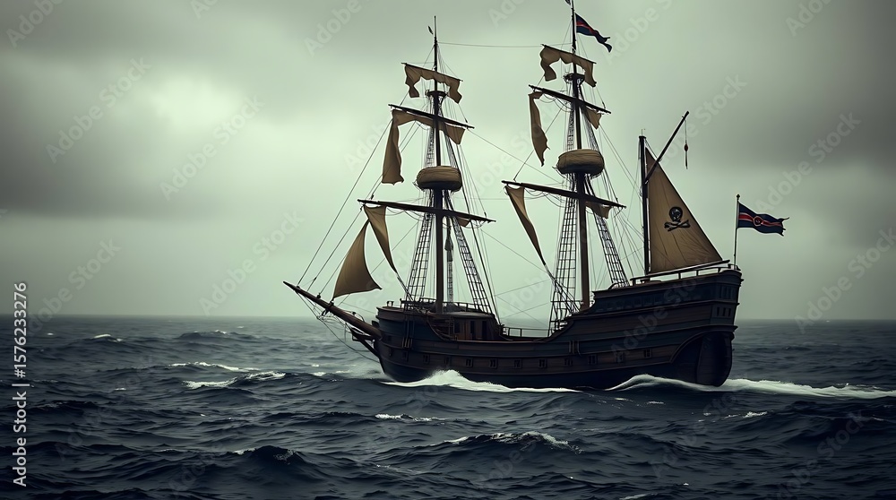 Obraz premium Epic Pirate Ship Sailing on a Stormy Ocean at Dramatic Sunse
