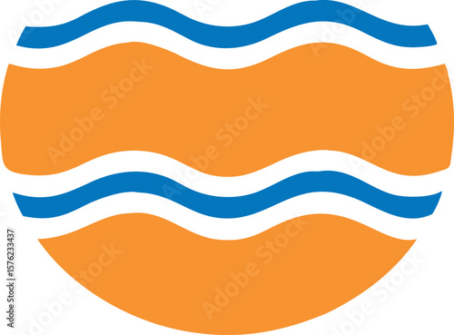 A simple, graphic logo design featuring a circular orange shape with two horizontal bands of stylized wavy blue water.