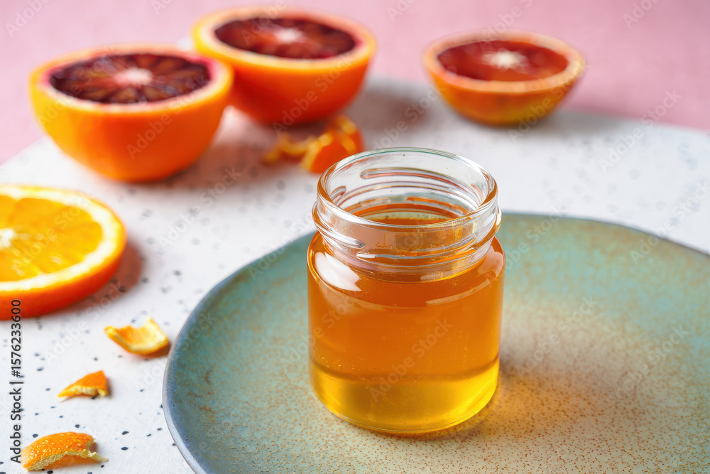 Orange infused honey in a small jar with blood orange slices on a plate on a pink background Orange infused honey in a small jar with blood orange slices on a plate on a pink background
