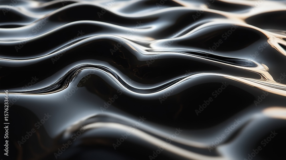 Obraz premium Liquid platinum fluid dynamics on matte black with surface tension highlights in luxury minimalist style