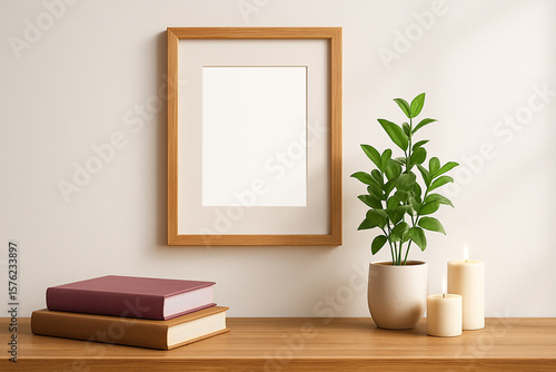 Blank frame portrait bright scene, mockup, plants and books on table. 