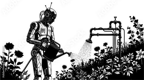 A robot uses a watering can to tend to plants, with an automated sprinkler system nearby