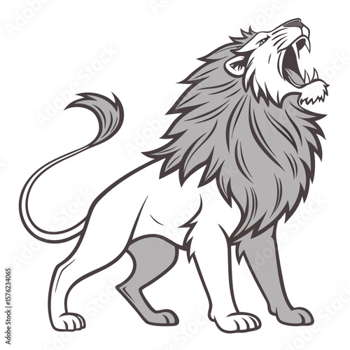 Majestic roaring lion with flowing mane and fierce stance embodying power and nobility in a monochrome illustration