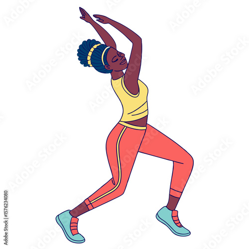 Dynamic young woman performing energetic fitness dance routine with vibrant style and confident expression in workout attire