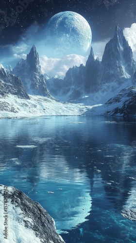 Winter Landscape with Mountain Lake and Large Celestial Body