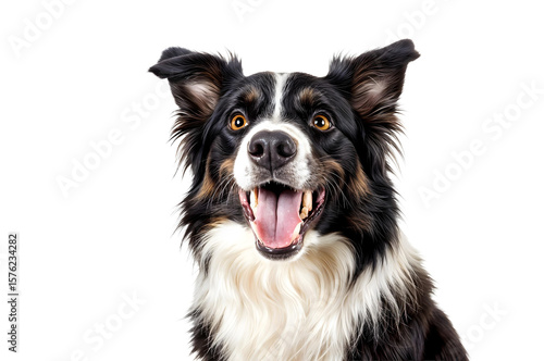 Alert Border Collie Portrait: A close-up portrait of a lively Border Collie, exuding joy and alertness with its expressive eyes and open mouth, capturing its intelligent and energetic personality.