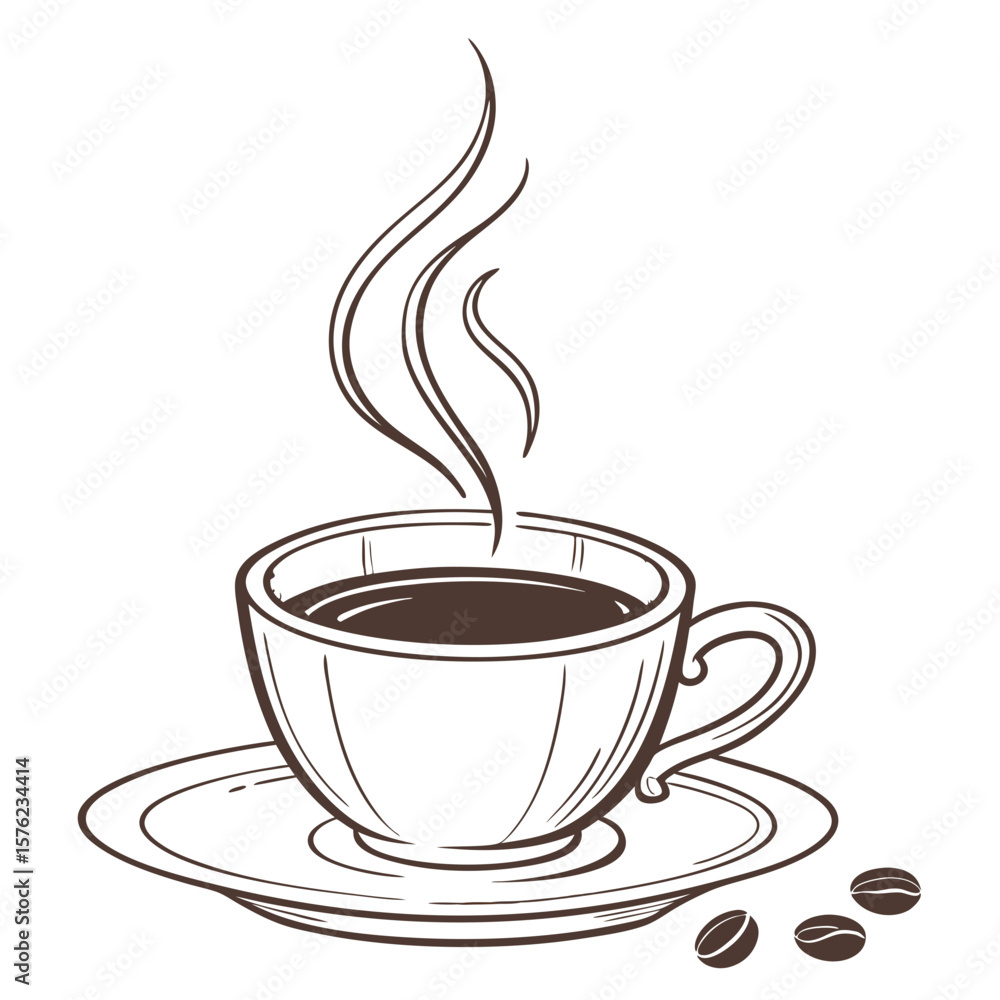 Obraz premium Elegant hand-drawn illustration of a steaming cup of coffee on a saucer with coffee beans for a cozy cafe or breakfast theme in minimalistic line