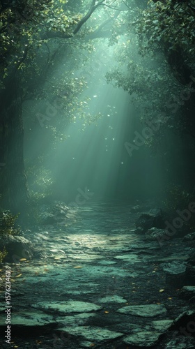 Walking Path Through Mystic Forest with Sun Rays Shining Through Trees