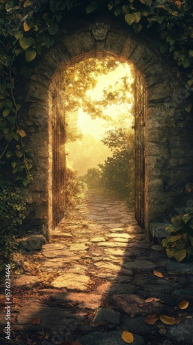 Entering Stone Archway Leading to Forest Path in Sunlight