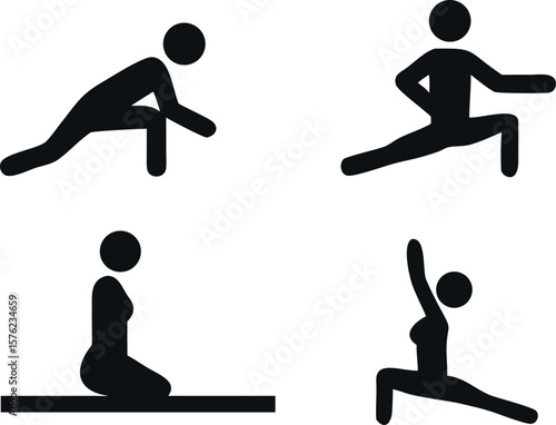 Simple black and white stick figure icons depicting various exercise poses.Circuit Training Icons. Solid, filled icons set of full-body circuit training: push-up, squat, jumping jack,
