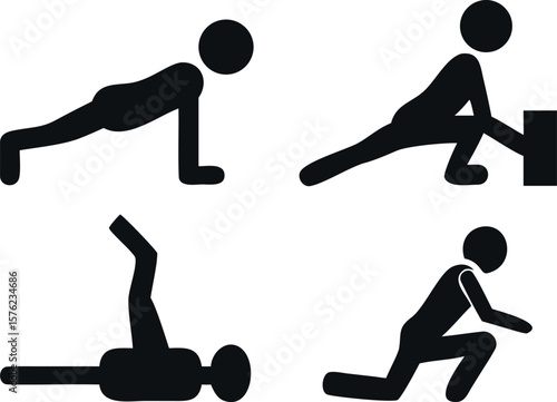 Simple black and white stick figure icons depicting various exercise poses.Circuit Training Icons. Solid, filled icons set of full-body circuit training: push-up, squat, jumping jack,