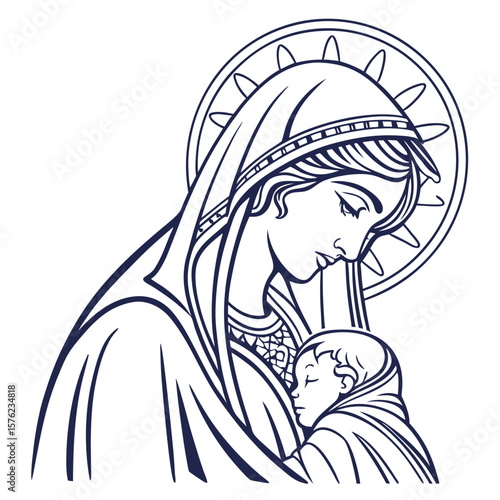 Elegant depiction of a sacred maternal figure tenderly holding an infant showcasing divine compassion and nurturing love portrayed through a
