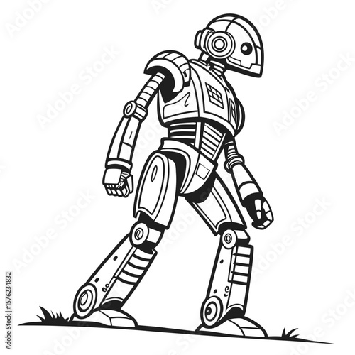 Futuristic humanoid robot standing on grassy terrain demonstrating advanced robotics and artificial intelligence capabilities in a minimalistic