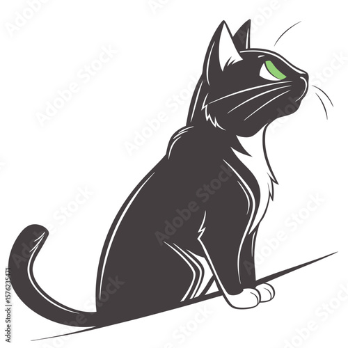 Elegant black cat with piercing green eyes sitting gracefully with sleek fur and attentive posture against a clean white background capturing a