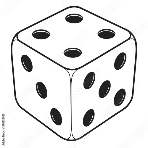Simplified black and white line drawing of a classic six-sided die with pips showing on all faces for game illustration