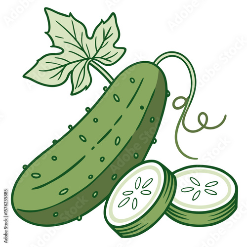 Freshly picked crisp cucumber with slices and sprawling vine leaves highlighting natural garden harvest for healthy eating and culinary freshness