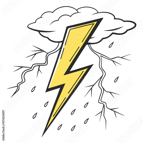 Dynamic illustrated thunderbolt striking through stormy clouds with rain and lightning emphasizing natural power and weather phenomena fast and