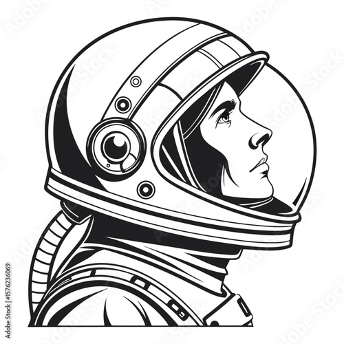 Detailed black and white illustration of a female astronaut wearing a space helmet with a side profile view emphasizing her facial features and suit