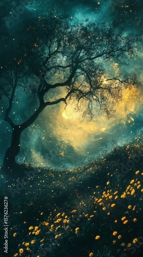Tree Silhouette with Flower Field in Fantasy Landscape