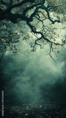 Walking Through Misty Forest with Tree Branches and Falling Leaves