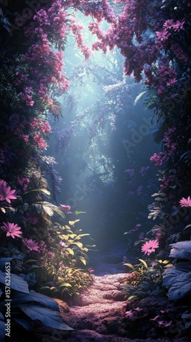 Walking Path Through Lush Blooming Garden with Mystical Light