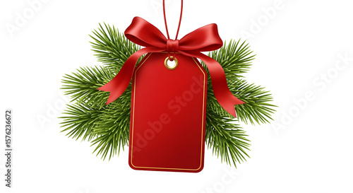 Red gift tag with christmas fir tree branches