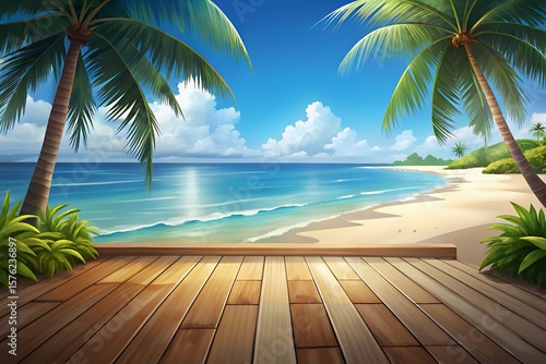 Fototapeta Naklejka Na Ścianę i Meble -  Vibrant tropical beach scene with clear blue ocean white sand lush palm trees and a wooden deck