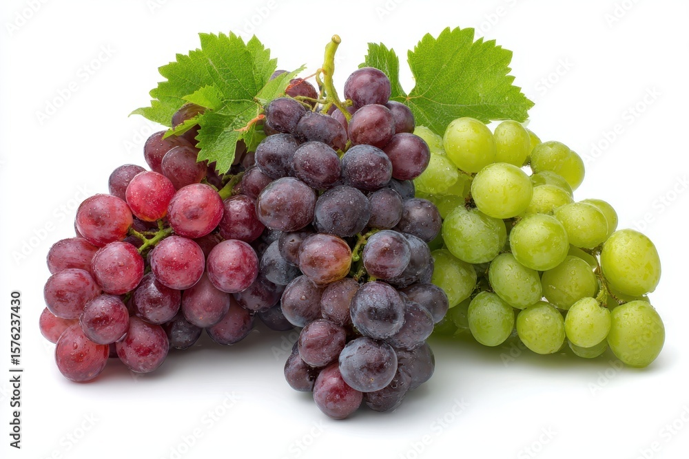 Fototapeta premium Three bunches of fresh grapes red purple and green with water droplets isolated on white background