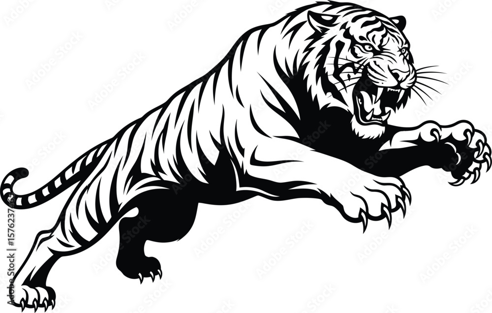 A black and white illustration of a tiger leaping forward with its mouth open and claws extended on transparent background silhouette A black and white illustration of a tiger leaping forward with its mouth open and claws extended on transparent background silhouette