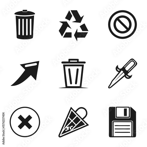 Collection of nine icons representing waste management and digital file symbols in minimalistic black and white style suitable for instructional or