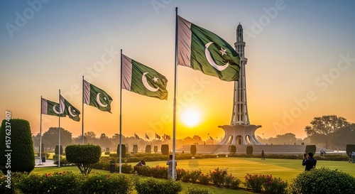 Magnificent view of Minar e Pakistan with Pakistani flags waving in the wind, showcasing national pride against a stunning sunrise backdrop.