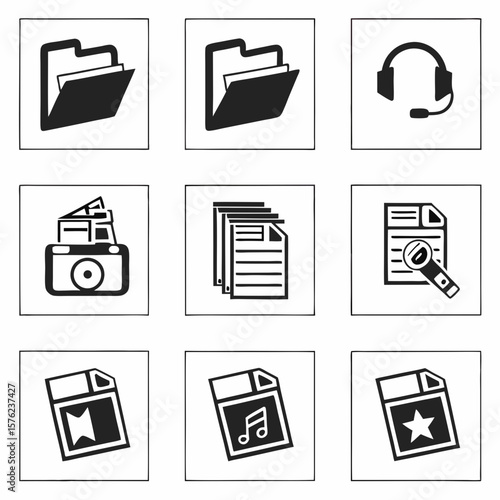 Organized digital file management with folders, documents, and multimedia icons for efficient data handling and retrieval in modern workspaces