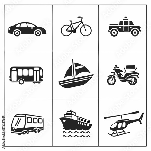 Collection of nine diverse transportation icons including cars bicycles boats and aircraft illustrating various travel modes and vehicle types for