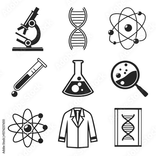 Scientific laboratory equipment and molecular science icons representing research, chemistry, biology, genetics, and scientific innovation